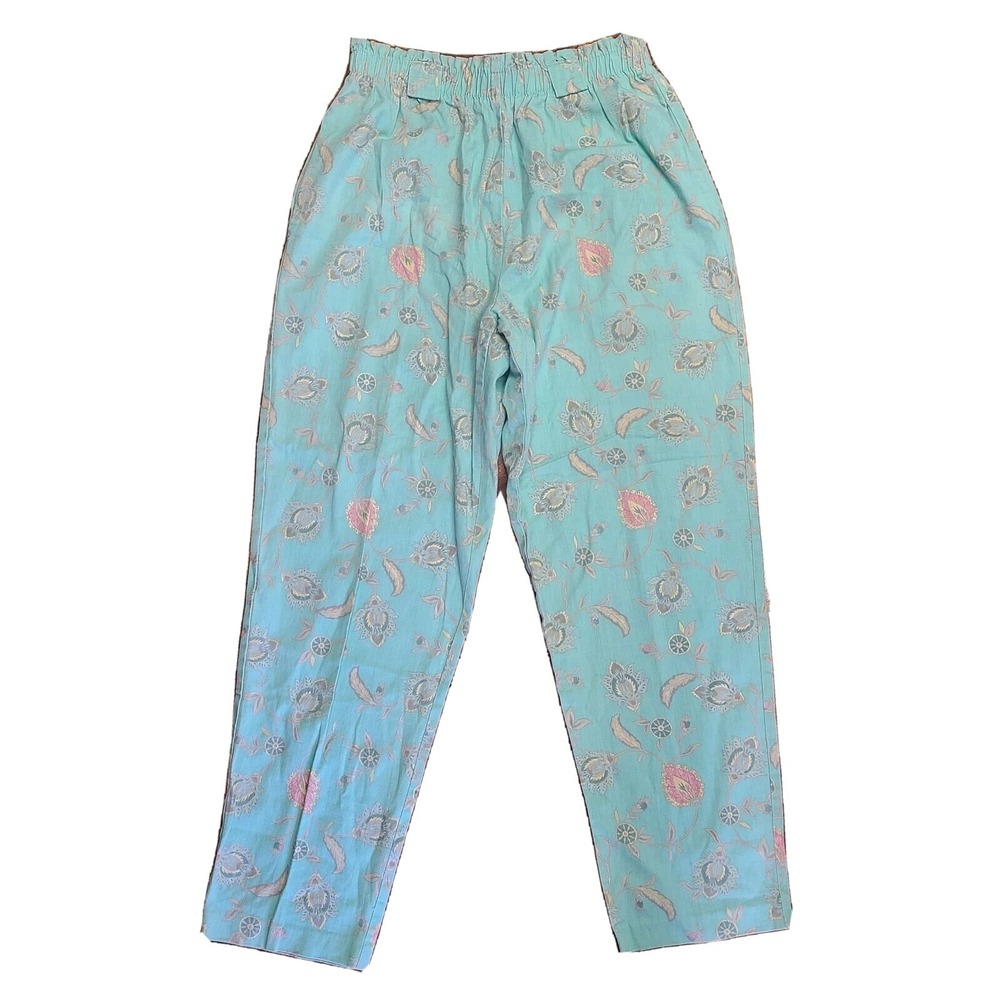 Russ‎ Studio Pants Womens Size 16 VTG Blue Floral Pull On Stretch Waist Pockets